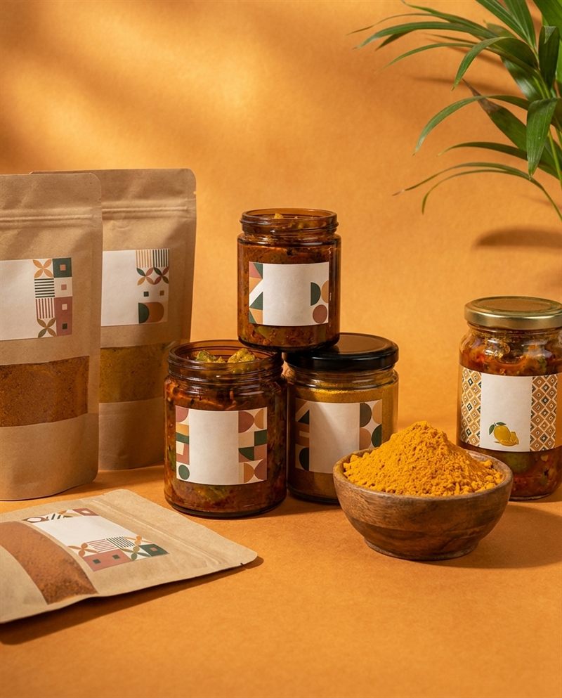Artisanal food products on orange background
